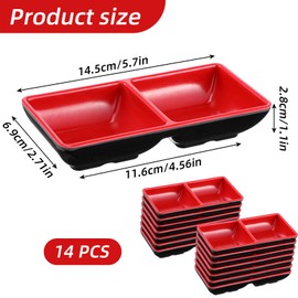 Tolare 14 Pcs Dual Compartment Sauce Bowls & Soy Dish Set with Dipping Dish Tray, Divided Dipping Sauce-Plates for Sushi, Appetizers (Black/Red, Melamine Resin)