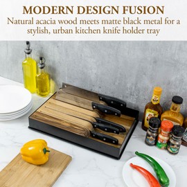 MyGift Knife Holder Tray, Urban Modern Designer Natural Acacia Solid Wood and Matte Black Metal Kitchen Countertop Knife Block