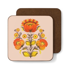 Folk Art Coasters set Orange Floral Choice of 2, 4 or 6 (4)