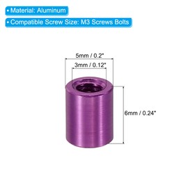 PATIKIL 6pcs M3 Metal Threaded Standoff Spacer Nuts, Round Aluminum Spacers Female Coupling Screws, 1/8" ID x 3/16" OD, Purple 3x5x6mm