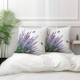 Cryfox Purple Lavender Pillow Covers 18x18 Inch Spring Butterfly Flroal Throw Pillow Cover Farmhouse Summer Purple Lavenders Square Pillowcases for Outdoor Sofa Garden Living Room Set of 2