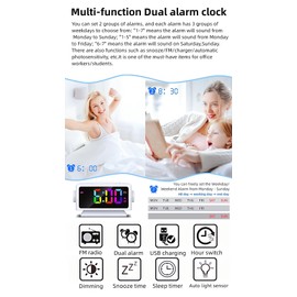 YHFITN Large Screen RGB Colorful Alarm Clock Perpetual Calendar FM Radio Electronic Clock Snooze/Sleep Function Big Knob Multiple Alarms Automatic Brightness Adjustment USB Power Output (White)