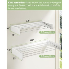 Vikaqi Wall Mounted Clothes Drying Rack 40 inches, Foldable Wall Mount Laundry Rack Folding Indoor, Drying Rack Clothing Collapsible, Hidden Space Saver with Wall Template, 6 Rods, White