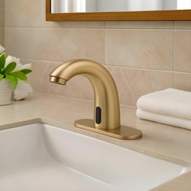 Brushed Gold Touchless Bathroom Sink Faucet - Battery Operated Automatic Motion Sensor Hands Free Faucet with Hot and Cold Mixing Valve