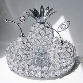 Elegant Decorative Trays & Crystal Fruit 4pcs Set, Crystal Tea Light Holder - Wedding Centerpieces for Holidays, Home Table Decorations, Fruit Displays and Candle Holders (Silver, Round Set of Four)