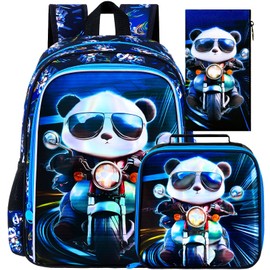 CCJPX 3PCS Backpack for Boys, 16 Inch Kids Panda Water Resistant Preschool Backpacks, Cool Elementary Kindergarten School Bookbag Set for Teen Travel