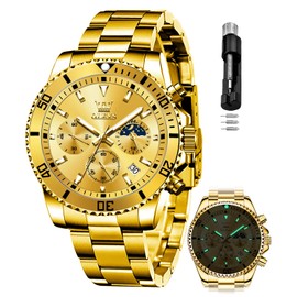 OLEVS Gold Mens Watches Stainless Steel Classic Dress Quartz Waterproof Luminous Luxury Big Face Casual Date Wrist Watches Moon Phase Multifunction Chronograph