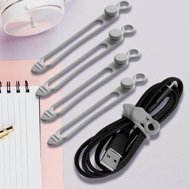 TENOC Silicone Cable Ties 5 Pcs Grey Reusable Cable Holder Elastic Cord Straps Flexible Wire Organizer for Phone Tablet Charging Cable and Headset or Others