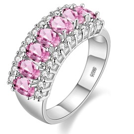 Uloveido Women's Platinum Plated Oval Cut Pink Cubic Zirconia 7 Stone Wedding Band Ring for Girls J501 (Platinum,Pink,Size L)
