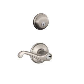 Schlage FB50N V FLA 619 B60 Single Cylinder Deadbolt and F51 Keyed Entry Flair Lever Keyed Alike, Satin Nickel Finish