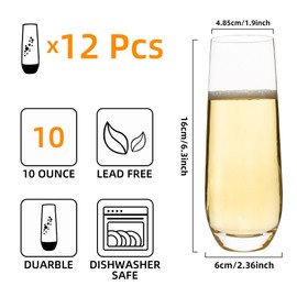 Stemless Champagne Flutes Set of 12, 10 oz Modern Crystal Clear Glasses for Champagne, Mimosas, Prosecco and Cocktails, Durable and Dishwasher Safe, Ideal for Weddings, Parties and Home (12 PCS)