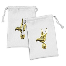 Lunarable Orient Fabric Pouch Set of 2, Aladdin`s Magic Genie Lamp Wish Mystery Magic Wonder Adventure Story Inspired Art, Small Drawstring Bag for Toiletries Masks and Favors, 9" x 6", Yellow White