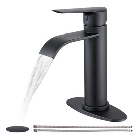 FROPO Matte Black Bathroom Faucets | Waterfall Single Hole Bathroom Sink Faucet with Deck Plate, 1 Hole Or 3 Hole for 4 Inch Black Vanity Faucet with Pop-Up Drain Single Handle Lavatory Faucet