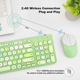 Wireless Keyboard and Mouse Combo, Retro Typewriter Wireless Keyboard with Round Keycaps, 2.4GHz Full-Size USB Cute Wireless Keyboard Mouse for Computer, Desktop, Laptop (Green Colorful)
