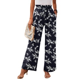 Heymoments Women's Wide Leg Lounge Pants with Pockets White Flower Navy Large Lightweight High Waisted Adjustable Tie Knot Loose Comfy Casual Trousers