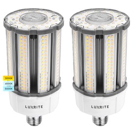 Luxrite 18W/27W/36W LED Corn Light Bulb, 150W HID Equivalent, 3 Color Selectable 3000K-5000K, Up to 5450 Lumens, Enclosed Fixture Rated, 100-277V, E26/E27 Base - Garage Warehouse Indoor Outdoor 2-Pack