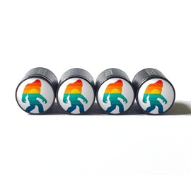 Bigfoot Sasquatch Vintage Rainbow Sunset (White Background) Tire Valve Stem Caps - Black Aluminum - Set of Four