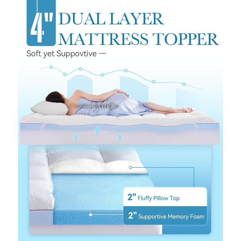 BDEUS Waterproof Dual Layer 4 Inch Memory Foam Mattress Topper