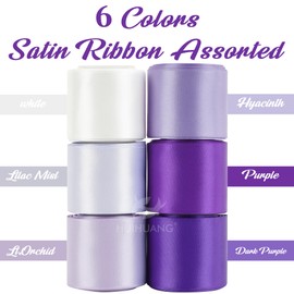 HUIHUANG Purple Ribbon 1-1/2 inch Lilac Purple and White Satin Ribbon Assorted for Flower Bouquet, Gift Wrapping, Bows, Crafts, Eternal Flowers, Bridal Shower Wedding Decor- 6 Rolls, Total 30 Yards
