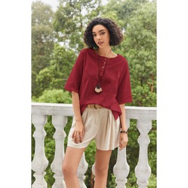 Cnlinkco Cotton Linen Tops for Women Cotton Jacquard Boho Shirts Crew Neck Summer Tunic Tops Deep Red XL