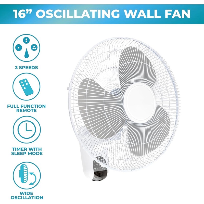 EZ-CHILL 16" Oscillating Wall Mount Fan with Remote Control, Timer,