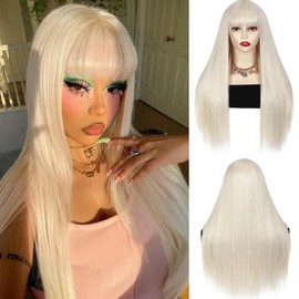 613 Blonde Long Straight Wig With Bangs Light Blonde Silky Straight Hair Wigs for Women 28 Inch Synthetic Heat Resistant Fiber Wig for Cosplay Daily Party Use
