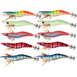 10pcs Wrapped Prawn Lure Octopus Shrimps Fishing Squid Jig Lures Kit Wooden Shrimp Wood Baits Artificial Spinner Lures Kit Glow Bait with Sharp Tackle Hooks (3.0#-10pcs)
