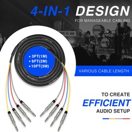 Phenyx Pro 6 Ft TRS Snake Cable, 1/4" Cable, Color-Coded TRS Patch Wire, 4-Channel Audio Cord w/24 AWG OFC Copper, Balanced 1/4-Inch Cord for Guitar, Bass & AMP (PCBL-QR4IN1-6)