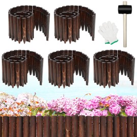 fHicarer 5 Pcs Wood Garden Landscape Edging Border No Dig Garden Fence Decorative Flower Bed Border with Gloves and Rubber Hammer for Lawn Yard Outdoor Pathway, 8" H x 47" L for Each(Brown)