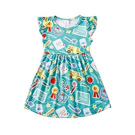 Yuromoon Toddler Girls Back to School Print Dresses Pencil Flutter Sleeve Clothes School Outfits 5-6Y