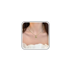 Xduargs Boho Pearl Necklace Choker Gold Locket Coin Necklace Chain Vintage Disc Coin Choker Necklace Round Pearl Beads Choker Necklace For Women, Zinc, No Gemstone