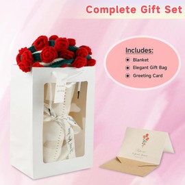 sykart 43 Inch Crochet Flower Bouquet Blanket, Handmade Knitted Blanket with 52 Rose Flowers, Ideal Birthday Wedding Anniversary for Women Mom, Wife, Girlfriend (Red Rose)
