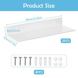 JIZZU 2 Pack Metal Floating Shelves, Floating Shelf Wall Mounted Bathroom Shelf, 30 CM Decorative Wall Storage Shelves for Bathroom, Living Room, Office, Multiple Arrangements (White)