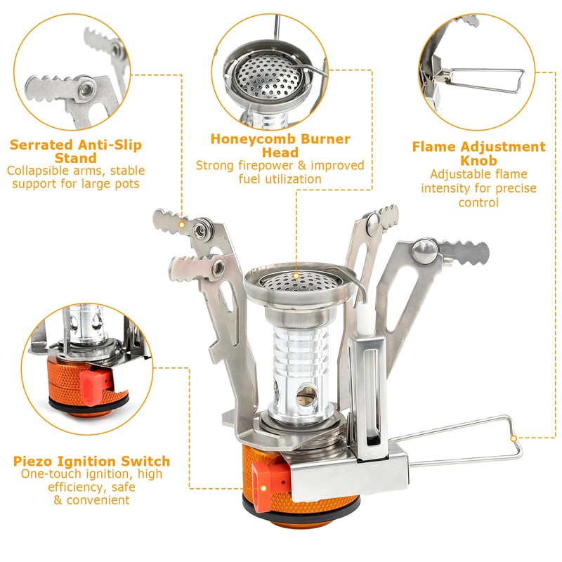 ASSRECT Camping Gas Stove, Portable Windproof Backpacking Stove with Piezo