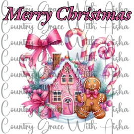 Handmade Sublimation Transfer Merry Christmas Pink House Ready To Press Heat Transfer