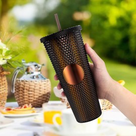 Joymaking Studded Tumbler with Straw and Lid, Double Walled Cold Cup, 24oz Studded Cup Plastic Cup Glitter Water Bottle Cups for Iced Coffee, Slush and Smoothies（Black & Gold）