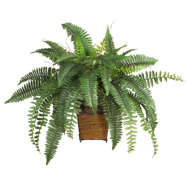 Nearly Natural Boston Fern with Wicker Basket Silk Artificial Plant, 28 In. W x 28 In. D x 23 In. H, Green