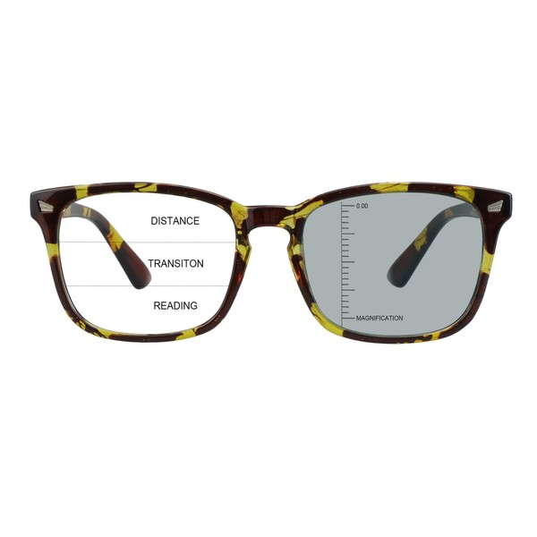 LAMBBAA Vintage Square Progressive Multifocal Presbyopic Glasses, Photochromic Gray Sunglasses for Men Women Readers (+0.00/+1.00 Magnification)