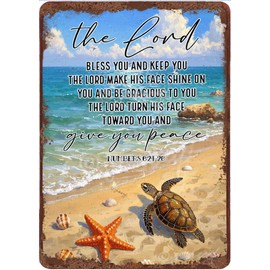 Beach Turtle & Starfish Inspirational Bible Verse Metal Sign, Christian Scripture Wall Decor, 5.5 x 8 Inches Aluminum Coastal Bedroom & Office Decor