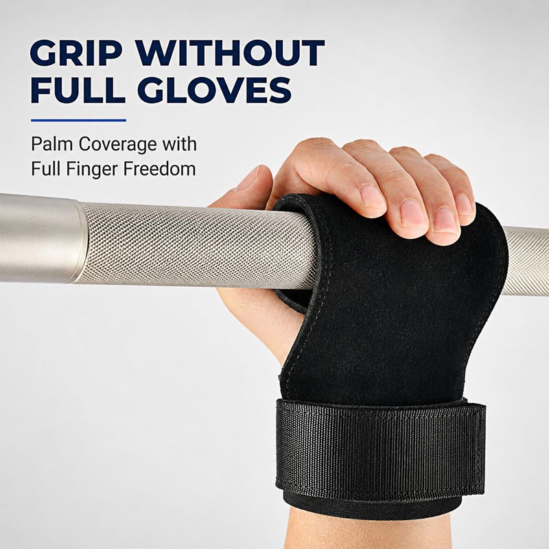 Weight Lifting Straps with 3mm Double-Layer Cowhide Palm Grips, Black