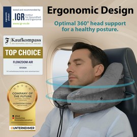 FLOWZOOM AIR Travel Neck Pillow for Airplane Inflatable Hooded Grey Size L