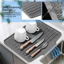 Silicone Dish Drying Mat with Drain Lip 16" x 13" Dish Drying Pad, Drain Mats for kitchen Counter ,Sink Drying Mat , Heat Resistant Stone Drying Mat -Light grey