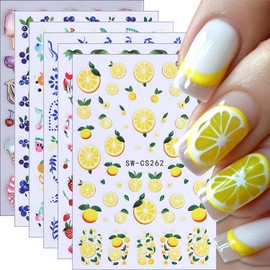 Yamobi 6 PCS Frucht Nagel Kunst Sticker, 3D selbstklebende Nagel Sticker,Zitronen Erdbeeren Himbeeren Bananen Trauben Orangen Nagel,Sommer Maniküre