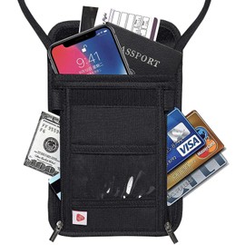RFID Blocking Stash Neck Wallet, Travel Pouch Passport Holder for Women Men - Black