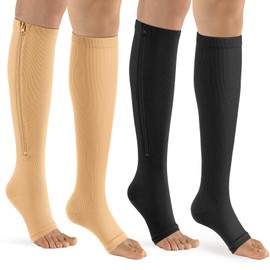 Calcetines de compresión con cremallera – 2 pares de medias altas de pantorrilla – Calcetines de compresión con puntera abierta para caminar, correr y uso deportivo, C - Negro/Nude, Large-X-Large