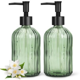 Glass Soap Dispenser with Plastic Pump, 400ml/13.5oz Refillable Liquid Soap Dispenser Bottles for Hand Wash, 2 Pack Lotion Dispenser for Modern Home Decor, Bathroom Kitchen Laundry Room Hotel (Green)