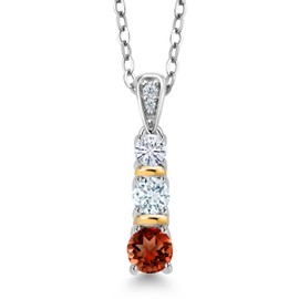 Gem Stone King 925 Silver and 10K Yellow Gold Round Red Garnet Sky Blue Aquamarine and White Moissanite Pendant Necklace For Women (0.64 Cttw, Gemstone January Birthstone, with 18 Inch Chain)