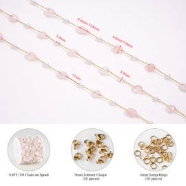 KYUNHOO 3 Meters Thin Stainless Steel Paper Clip Chains for Jewelry Making Light Pink Transparent Stone Chain Roll Faux Pearl Bead Bulk Jewelry for Women DIY Necklace Bracelet