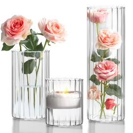 ComSaf Glass Cylinder Vases Pack of 3, Clear Ribbed Bud Vases for Centerpieces Weeding Decoration, 4 inch 6 Inch 10 Inch Tall Clear Flower Vases in Bulk, Hurricane Candle Holder for Party Home Decor