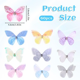 60Pcs Colorful Organza 3D Lace Wings, Butterflies for Crafts, Wall Decoration Accessories Hairgrips DIY Ornament Decorative Butterflies for Crafts Wedding Party and Home Decor
